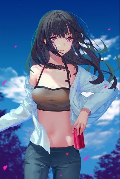 Anime picture 700x1046 with original lloule single long hair tall image looking at viewer fringe breasts black hair hair between eyes standing purple eyes holding sky cleavage cloud (clouds) outdoors parted lips off shoulder open jacket