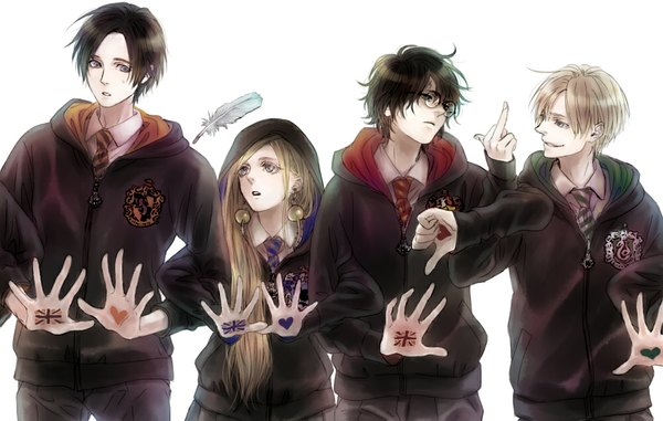 イラスト 1000x636 と ハリポタ harry potter (character) draco malfoy luna lovegood cedric diggory komadori modoki 長髪 短い髪 青い目 simple background 金髪 白背景 緑の目 multiple boys scar pale skin 女の子 男性 制服 学生服