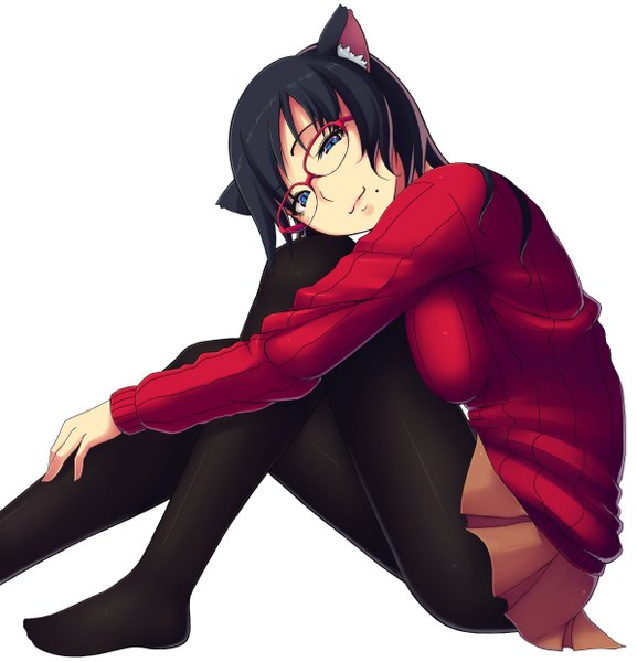 Anime picture 1193x1239 with original kisaragi yakumo single long hair tall image looking at viewer blue eyes black hair simple background smile white background sitting animal ears cat ears girl pantyhose glasses black pantyhose
