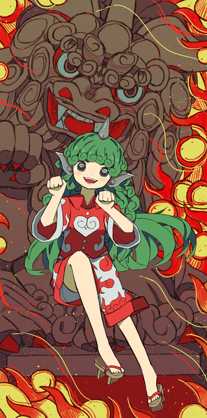 Anime picture 2540x5135 with touhou komano aun neruzou single long hair tall image looking at viewer highres open mouth green eyes full body :d horn (horns) green hair bare legs paw pose curly hair girl geta komainu