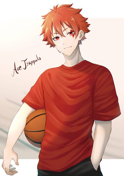 Anime picture 2507x3540 with twisted wonderland ace trappola kinaco 4738 single tall image looking at viewer fringe highres short hair hair between eyes red eyes standing upper body red hair character names hand in pocket boy t-shirt ball basketball ball