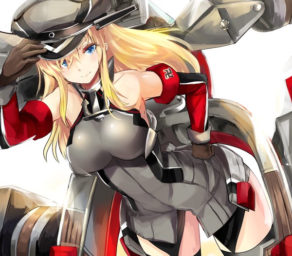 Anime picture 2281x2000 with kantai collection bismarck battleship haik single long hair looking at viewer highres breasts blue eyes light erotic blonde hair large breasts hand on hip girl gloves uniform weapon detached sleeves gun thigh boots