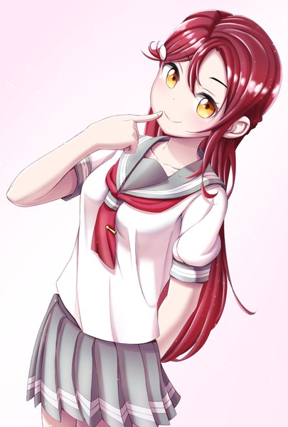 Anime picture 1013x1500 with love live! sunshine!! sunrise (studio) love live! sakurauchi riko buckle (artist) single long hair tall image looking at viewer blush fringe simple background smile hair between eyes white background yellow eyes red hair pleated skirt finger to mouth arm behind back