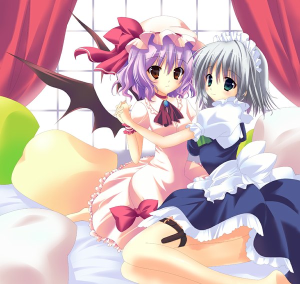 Anime picture 1056x1000 with touhou remilia scarlet izayoi sakuya tsukiji short hair multiple girls brown eyes green eyes silver hair purple hair maid holding hands bat wings girl dress 2 girls hat wings headdress pillow