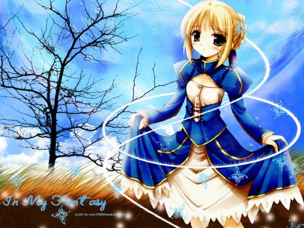 Anime picture 1280x960 with fate (series) fate/stay night studio deen type-moon artoria pendragon (all) saber blush blonde hair black eyes magic bare tree girl dress hair ornament plant (plants) tree (trees) insect butterfly grass