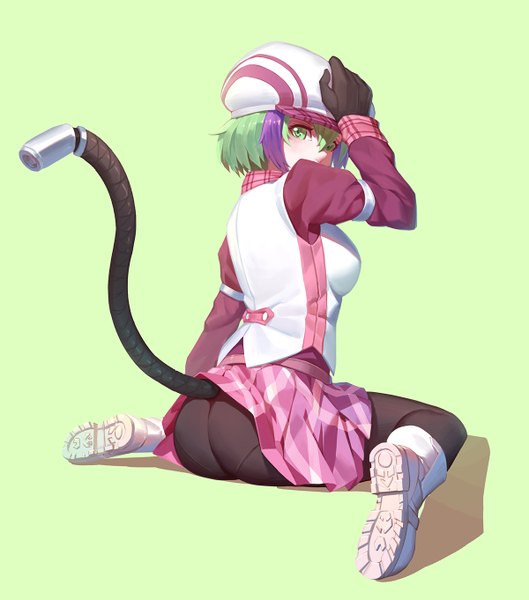 Anime picture 1200x1361 with dimension w yurizaki mira nian (zhanian) single tall image looking at viewer short hair light erotic green eyes multicolored hair green hair two-tone hair green background girl skirt gloves pantyhose black gloves boots wire (wires)