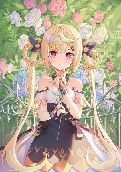 Anime picture 992x1403 with vocaloid synthesizer v shian (synthesizer v) atdan single long hair tall image looking at viewer blush fringe blonde hair standing twintails bare shoulders holding signed payot outdoors braid (braids) pink eyes