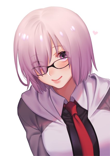 Anime picture 700x990 with fate (series) fate/grand order mash kyrielight noriuma single tall image looking at viewer fringe short hair simple background smile white background purple eyes purple hair upper body hair over one eye girl glasses necktie
