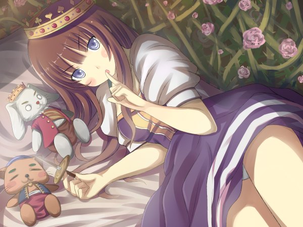 Anime picture 2400x1800 with original kawano masatoshi single long hair looking at viewer blush highres open mouth blue eyes light erotic brown hair lying finger to mouth girl dress underwear panties flower (flowers) plant (plants) bed