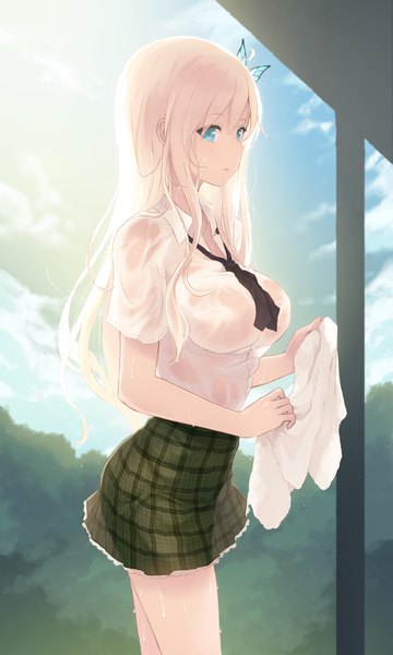 Anime picture 3189x5315 with boku wa tomodachi ga sukunai kashiwazaki sena cait single long hair tall image looking at viewer fringe highres breasts blue eyes light erotic blonde hair hair between eyes large breasts standing holding absurdres sky cloud (clouds)