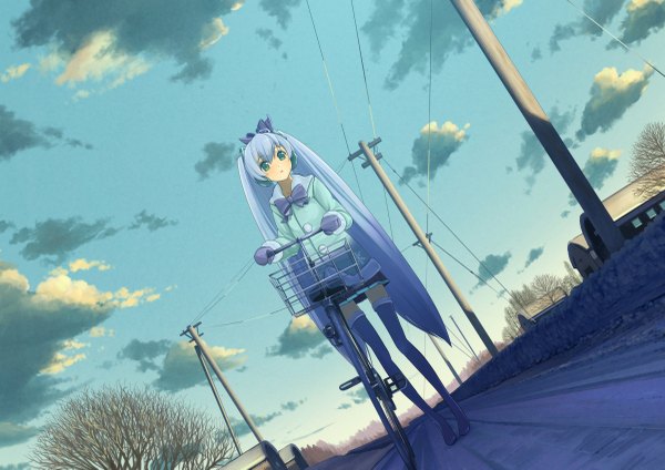 Anime picture 1200x849 with vocaloid hatsune miku yuki miku yuki miku (2012) domo1220 twintails blue hair sky cloud (clouds) very long hair aqua eyes girl skirt gloves miniskirt bowtie thigh boots ground vehicle winter clothes power lines