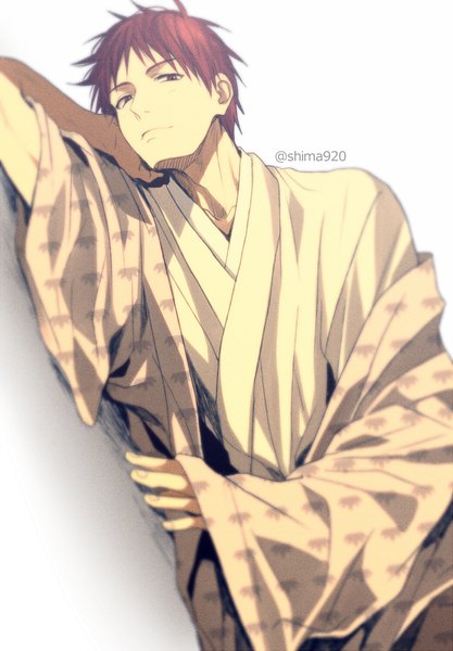 Anime picture 600x863 with kuroko no basket production i.g akashi seijuurou mashima shima single tall image looking at viewer short hair simple background red eyes signed red hair lying traditional clothes japanese clothes boy yukata