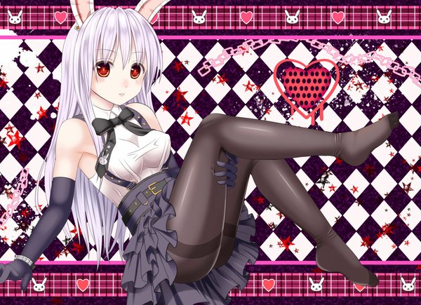 Anime picture 1113x807 with original ikeda yuuki (artist) single long hair looking at viewer blush light erotic red eyes white hair bunny ears legs bunny girl girl dress gloves pantyhose elbow gloves heart