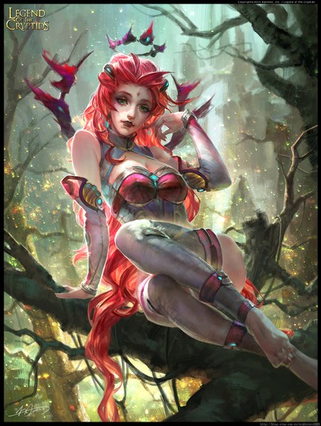 Anime picture 1000x1327 with legend of the cryptids yu-han single tall image looking at viewer breasts green eyes red hair very long hair lips lipstick girl tree (trees) forest clothes