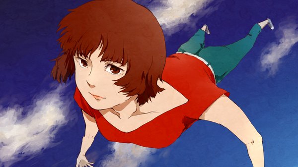 Anime picture 1920x1080 with paprika madhouse paprika (character) 69hara single highres short hair brown hair wide image brown eyes sky weightlessness girl t-shirt