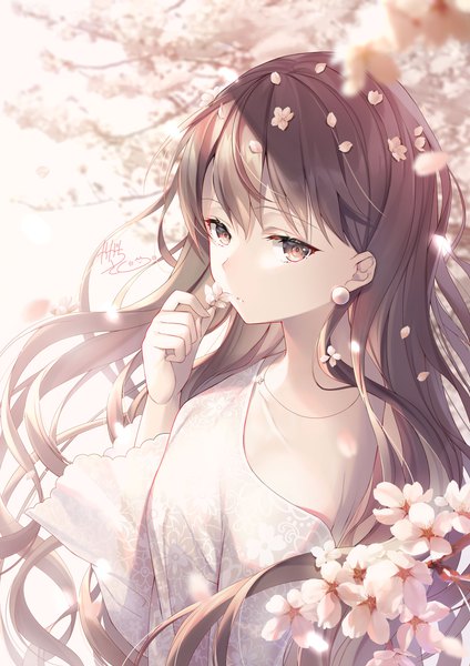 Anime picture 1767x2500 with original kagachi saku single long hair tall image looking at viewer fringe highres hair between eyes brown hair holding brown eyes upper body outdoors long sleeves parted lips arm up hair flower wind blurry