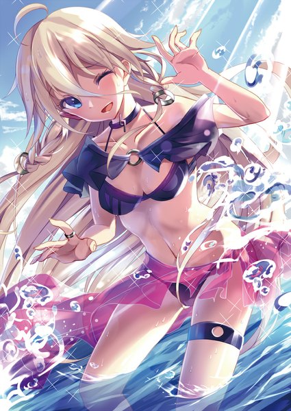 Anime picture 700x989 with vocaloid ia (vocaloid) bison cangshu single long hair tall image looking at viewer blue eyes light erotic blonde hair ahoge braid (braids) one eye closed wink bare belly twin braids girl navel swimsuit bikini