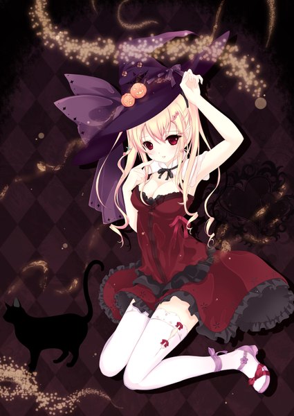 Anime picture 1200x1694 with original cielitz single long hair tall image breasts blonde hair red eyes girl thighhighs dress bow white thighhighs frills cat witch hat