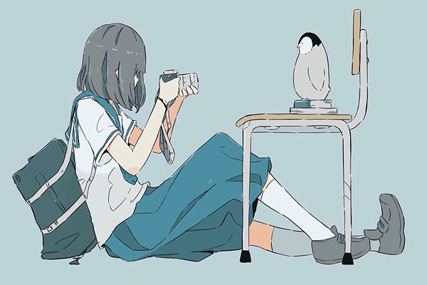 Anime picture 1400x936 with original daisuke richard single short hair simple background sitting full body bent knee (knees) profile grey hair blue background girl uniform school uniform animal bird (birds) book (books) chair school bag camera