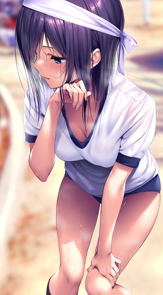 Anime picture 847x1526 with original piromizu single long hair tall image blush fringe breasts blue eyes light erotic hair between eyes standing looking away purple hair outdoors parted lips blurry short sleeves sweat leaning