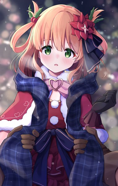 Anime picture 1171x1842 with princess connect! re:dive princess connect! rino (princess connect!) rino (christmas) (princess connect!) syurimp long hair tall image looking at viewer blush blonde hair green eyes from above christmas solo focus hair rings girl gloves scarf plaid scarf