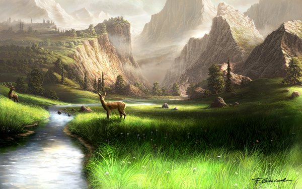 イラスト 1680x1050 と オリジナル fel-x (artist) wide image sunlight 壁紙 mountain landscape scenic river nature rock fog 植物 木 草 deer