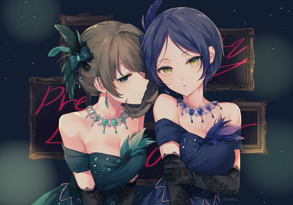Anime picture 1300x914 with idolmaster idolmaster cinderella girls idolmaster cinderella girls starlight stage takagaki kaede hayami kanade silltare looking at viewer short hair brown hair bare shoulders multiple girls green eyes yellow eyes blue hair cleavage upper body holding arm pretty liar (idolmaster) girl dress