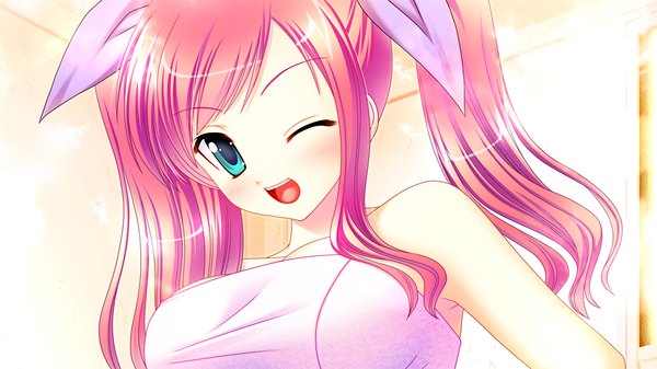 Anime picture 1600x900 with little rabbits - wagamama twin tail blue eyes light erotic wide image pink hair game cg one eye closed wink naked towel girl towel