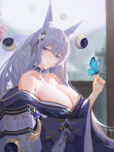 Anime picture 1100x1461 with azur lane shinano (azur lane) dongfangzhong111 single long hair tall image looking at viewer fringe breasts light erotic large breasts purple eyes bare shoulders animal ears cleavage silver hair upper body blunt bangs traditional clothes head tilt