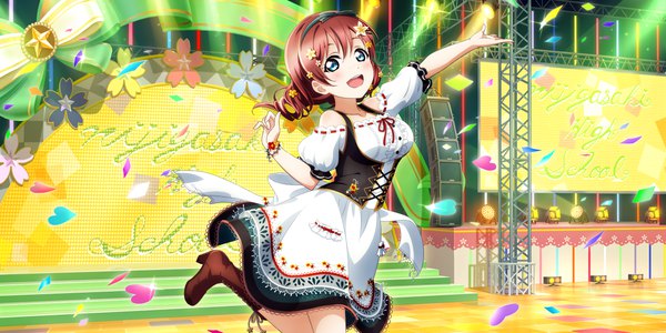 Anime-Bild 3600x1800 mit love live! nijigasaki high school idol club love live! school idol festival all stars sunrise (studio) love live! emma verde single long hair looking at viewer blush fringe highres open mouth blue eyes smile hair between eyes wide image standing red hair traditional clothes :d