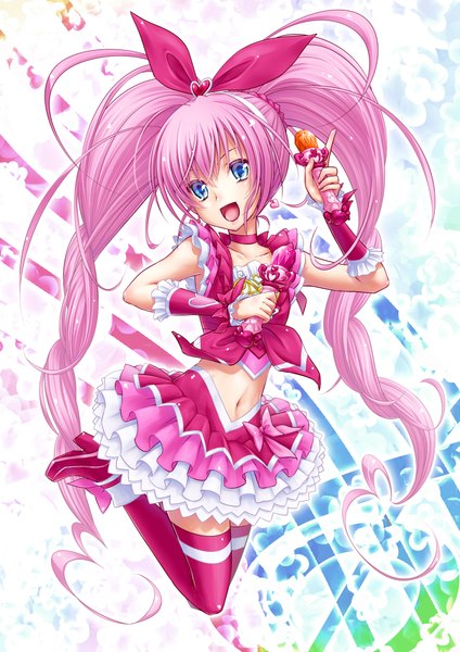 Anime picture 1601x2267 with precure suite precure toei animation houjou hibiki cure melody yuu (derodero) long hair tall image open mouth blue eyes smile twintails pink hair midriff jumping girl thighhighs skirt navel bow