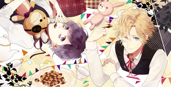 Anime picture 1200x611 with diabolik lovers idea factory sakamaki kanato mukami kou norita (noritttta) fringe short hair blue eyes blonde hair wide image purple eyes purple hair one eye closed hair over one eye multiple boys checkerboard cookie tea set boy 2 boys toy