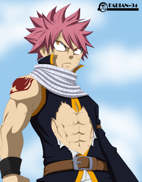 Anime picture 891x1139 with fairy tail natsu dragneel fabiansm single tall image short hair pink hair sky cloud (clouds) orange eyes tattoo sleeveless coloring torn clothes muscle boy belt scarf wristlet