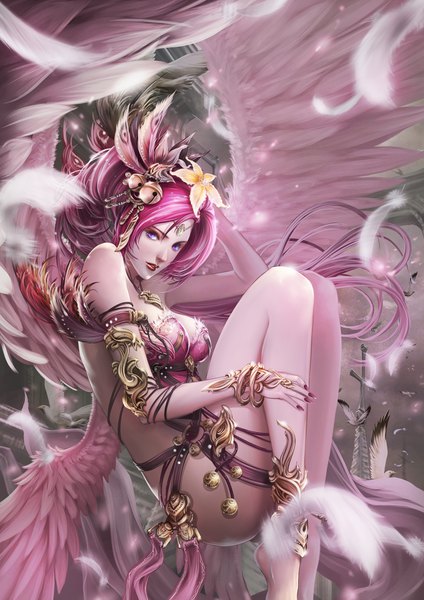 Anime picture 1240x1754 with original antilous (anti) single long hair tall image looking at viewer light erotic purple eyes pink hair cleavage bent knee (knees) nail polish hair flower lipstick arm behind head angel wings red lipstick weightlessness hair bell multiple wings