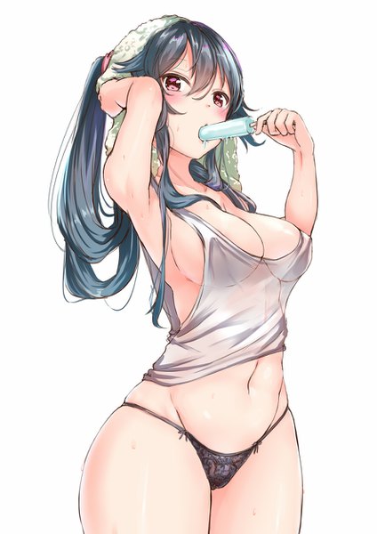 Anime picture 885x1251 with kantai collection yahagi light cruiser yukishiro arute single long hair tall image looking at viewer blush fringe breasts light erotic black hair simple background hair between eyes red eyes large breasts standing white background bare shoulders holding