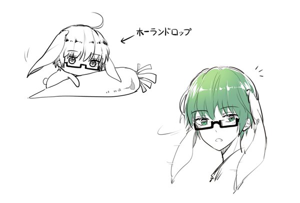 Anime picture 1120x760 with kuroko no basket production i.g midorima shintarou kurasaki ken short hair simple background white background green eyes animal ears green hair inscription bunny ears monochrome chibi sketch partially colored bunny boy boy glasses vegetables