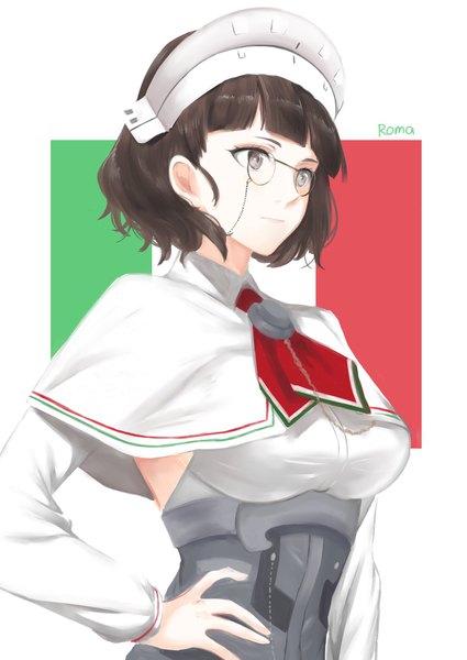 Anime picture 1254x1771 with kantai collection roma (kantai collection) morinaga (harumori) single tall image fringe short hair brown hair brown eyes looking away upper body blunt bangs character names hand on hip girl glasses headdress flag pince-nez italian flag