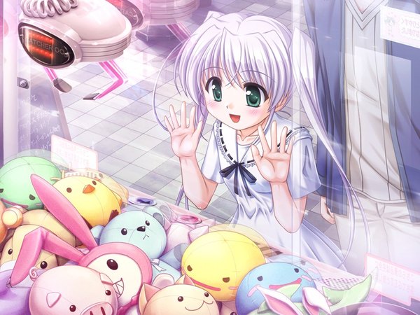 Anime picture 800x600 with fortune arterial august soft tougi shiro bekkankou long hair blush open mouth twintails green eyes looking away game cg silver hair solo focus sailor collar against glass girl toy stuffed toy sailor dress crane game