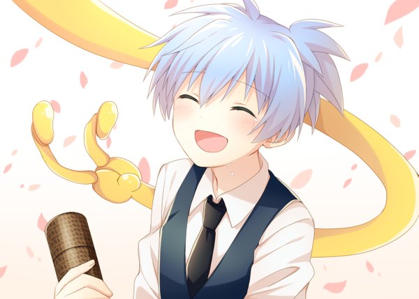 Anime picture 1371x981 with ansatsu kyoushitsu shiota nagisa koro-sensei soranagi blush fringe short hair open mouth hair between eyes twintails eyes closed from above tears short twintails solo focus graduation boy uniform school uniform shirt