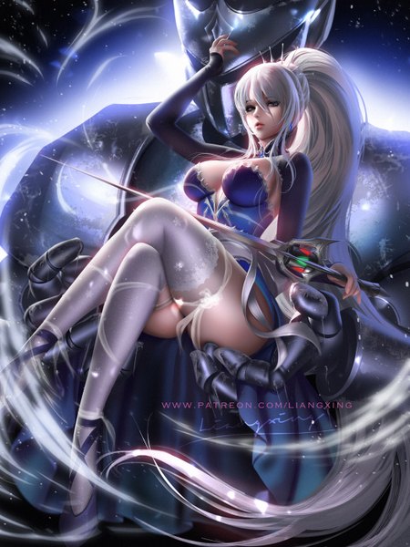 Anime-Bild 1050x1400 mit rwby rooster teeth weiss schnee liang xing long hair tall image looking at viewer fringe breasts blue eyes light erotic hair between eyes large breasts sitting holding signed payot cleavage white hair ponytail