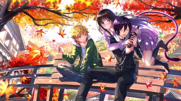 Anime picture 1920x1080 with noragami studio bones yato (noragami) iki hiyori yukine (noragami) swordsouls long hair blush fringe highres short hair open mouth blonde hair brown hair wide image sitting purple eyes holding looking away sky