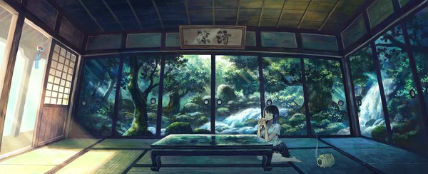 Anime picture 1200x488 with original kemi neko single long hair black hair smile wide image sitting eyes closed pleated skirt barefoot sunlight bare legs seiza waterfall girl skirt shirt water white shirt