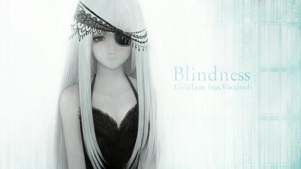 Anime picture 1200x675 with vocaloid electrocutica single long hair fringe wide image silver hair grey eyes sleeveless pale skin sad bandage over one eye girl dress hair ornament eyepatch