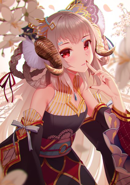 Anime picture 800x1131 with original riki-to single long hair tall image looking at viewer blush fringe red eyes standing bare shoulders payot upper body braid (braids) nail polish traditional clothes parted lips head tilt japanese clothes horn (horns)