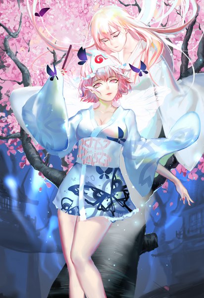 Anime picture 2031x2952 with touhou saigyouji yuyuko saigyouji yuyuko (living) qidai long hair tall image highres short hair blonde hair multiple girls pink hair cleavage eyes closed pink eyes tears cherry blossoms dual persona animal print adapted costume butterfly print