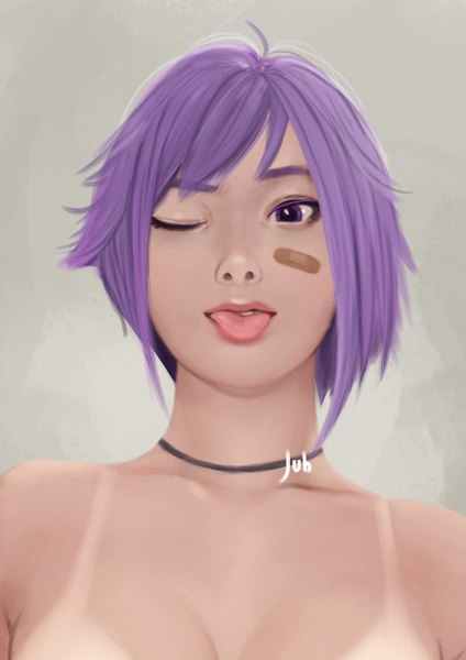 Anime picture 1920x2716 with original fore farlone (jubi) jubi (regiana) single tall image looking at viewer highres short hair breasts light erotic purple eyes signed purple hair parted lips one eye closed realistic grey background from below portrait tan