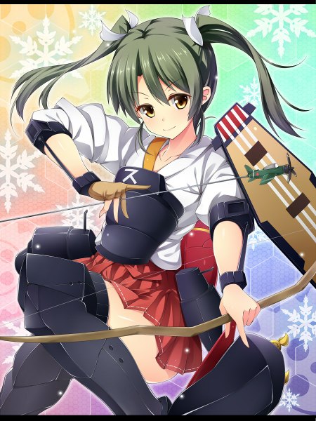 Anime picture 900x1200 with kantai collection zuikaku aircraft carrier kuragari (artist) single long hair tall image looking at viewer twintails brown eyes traditional clothes green hair girl bow weapon hair bow armor bow (weapon)