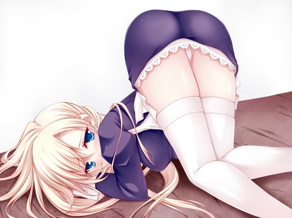 Anime picture 1285x960 with original rayn long hair blue eyes light erotic blonde hair ass pantyshot top-down bottom-up girl thighhighs dress white thighhighs