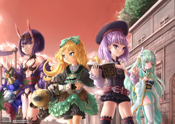 Anime picture 1170x827 with fate (series) fate/grand order atelier (series) atelier shallie gust (company) shuten douji (fate) kiyohime (fate) helena blavatsky (fate) miruca crotze wakaura asaho long hair looking at viewer short hair light erotic blonde hair smile purple eyes multiple girls holding green eyes