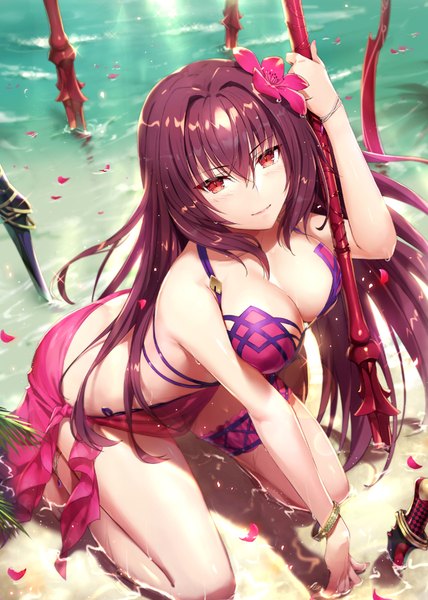 Anime-Bild 642x900 mit fate (series) fate/grand order scathach (fate) (all) scathach (swimsuit assassin) (fate) gabiran single long hair tall image looking at viewer blush fringe breasts light erotic smile hair between eyes red eyes large breasts sitting bare shoulders holding